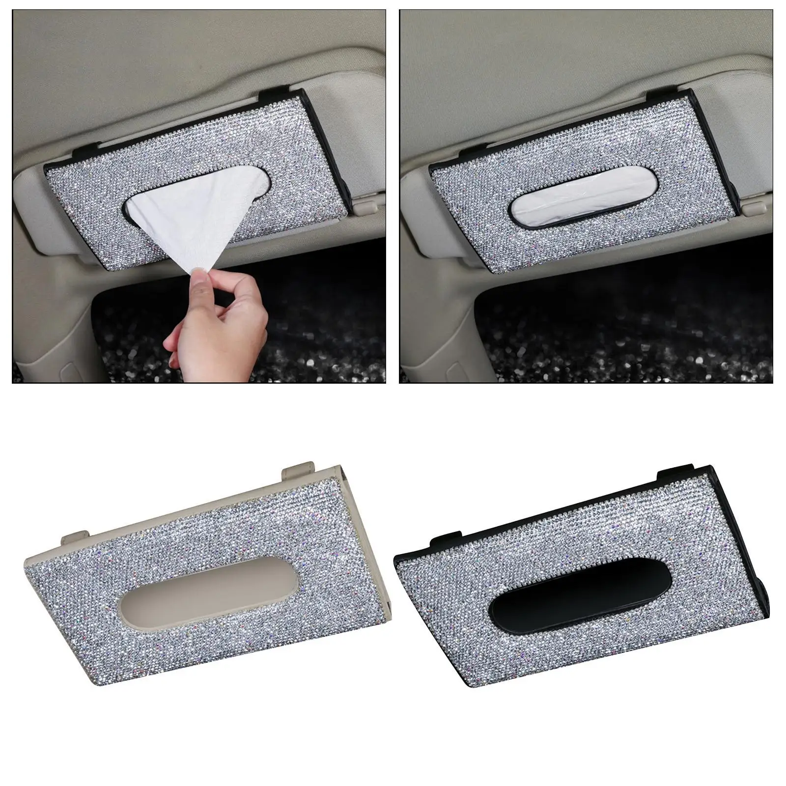 Car Visor Tissue Holder Clip PU Leather Crystals Paper Towel Cover Box
