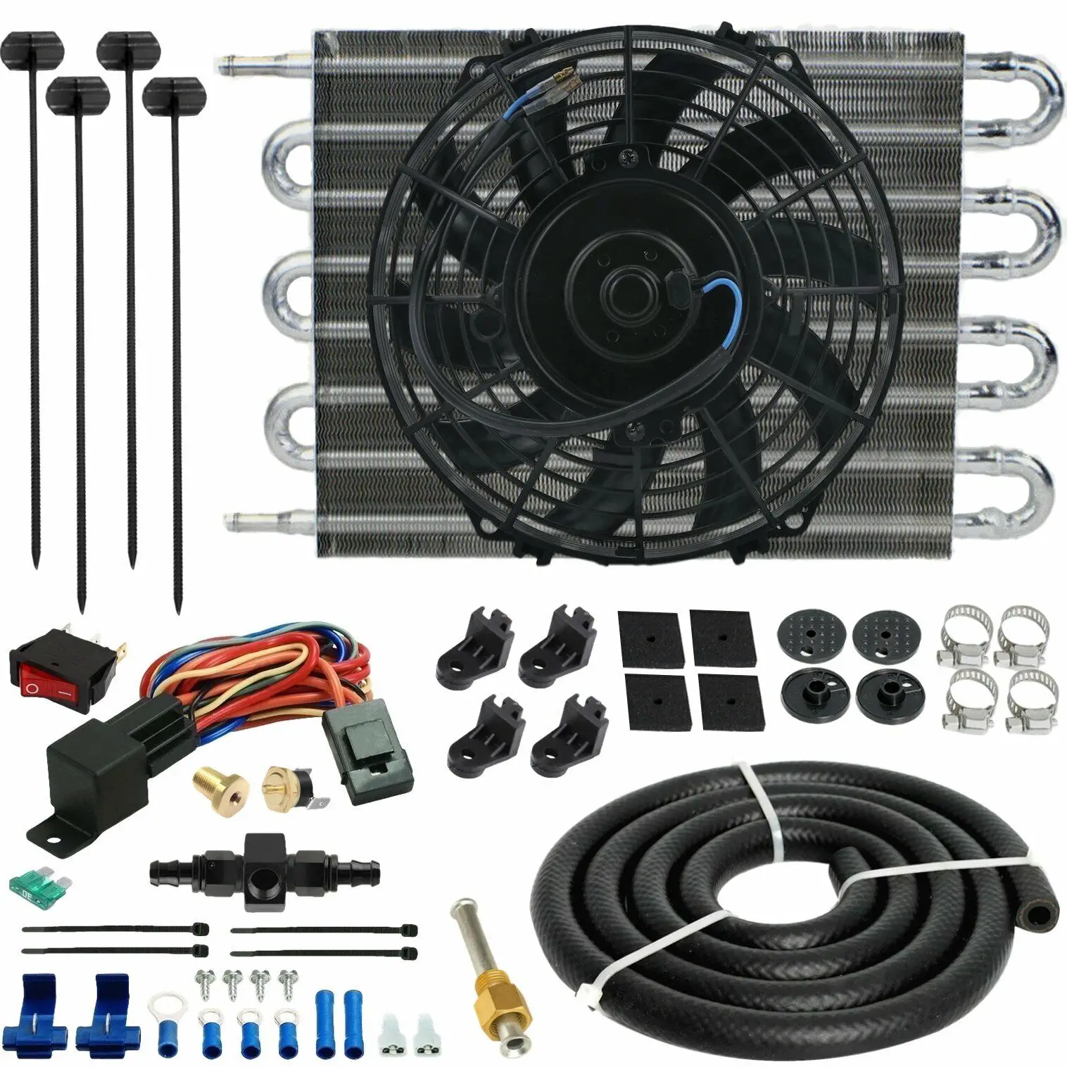 Image 1 - 8 ROW ENGINE TRANSMISSION OIL COOLER FAN 6AN IN-HOSE 180&#039;F THERMOSTAT SWITCH KIT