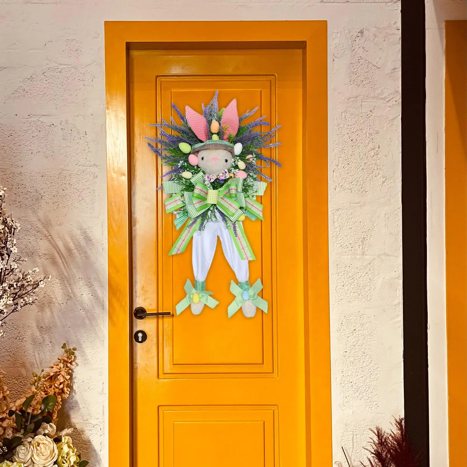 Easter Rabbit Egg Wreath Front Door with Colorful Eggs Greenery Leaves Bunny Garland for Home Outdoor Decor