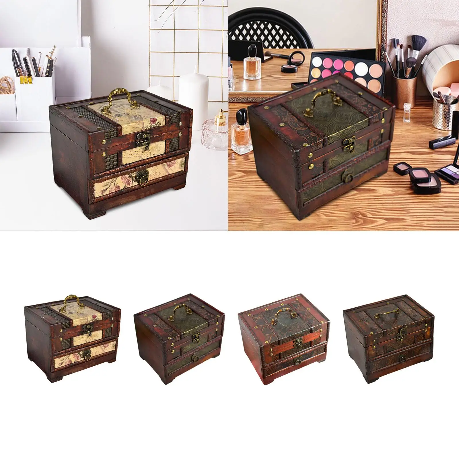 Vintage Wooden Jewelry Box Classical Jewelry Case Holder Rectangle Container 3 Layer with Mirror Decorative Storage Box