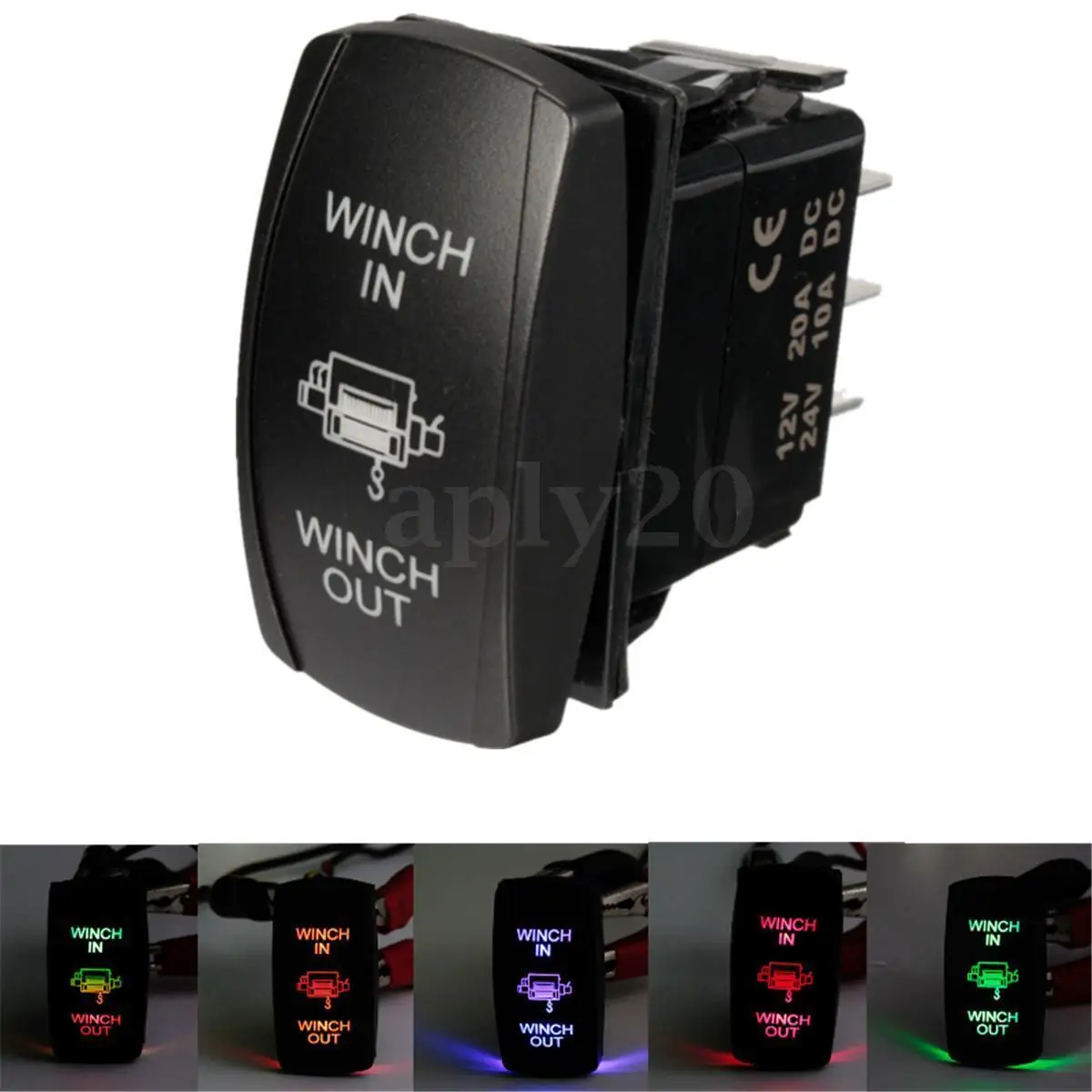 Pair 7Pin Momentary DPDT Rocker Switch Winch In/Out Green and Red LED Light