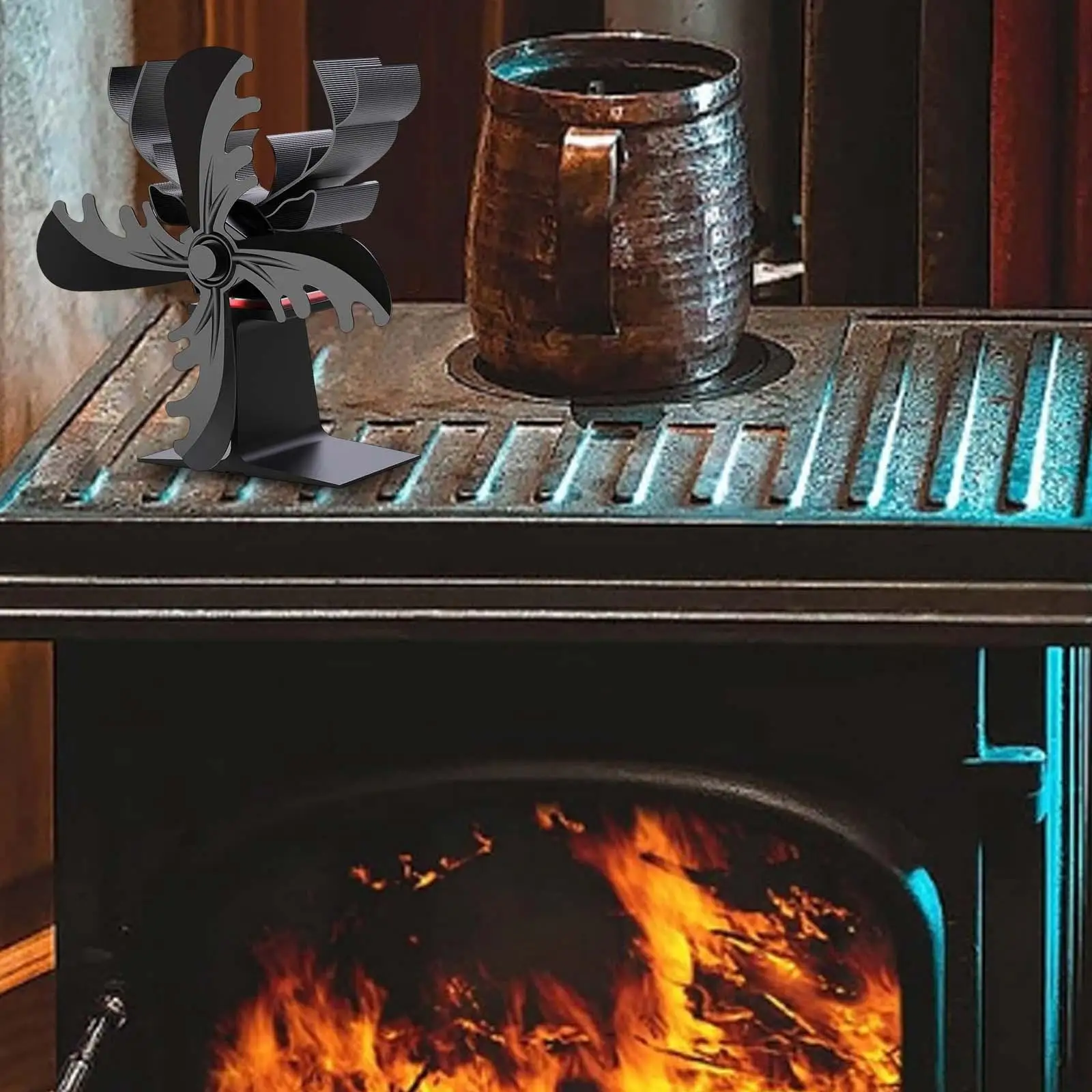 Xmas Reindeer Wood Burner Fireplace Fan Logs Stove Fan Energy Saving Low Noise