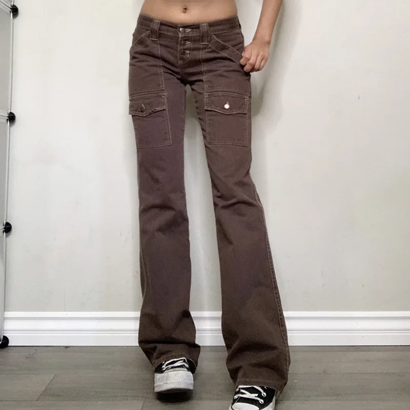 denim shorts jeans woman Retro Streetwear Button Up Low Rise Jeans with Pockets Indie Aesthetics Full Length Brown Denim Trousers 90s Outfit zara jeans