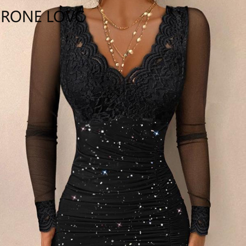 contraste remendo de renda mini shirring bodycon festa vestido preto