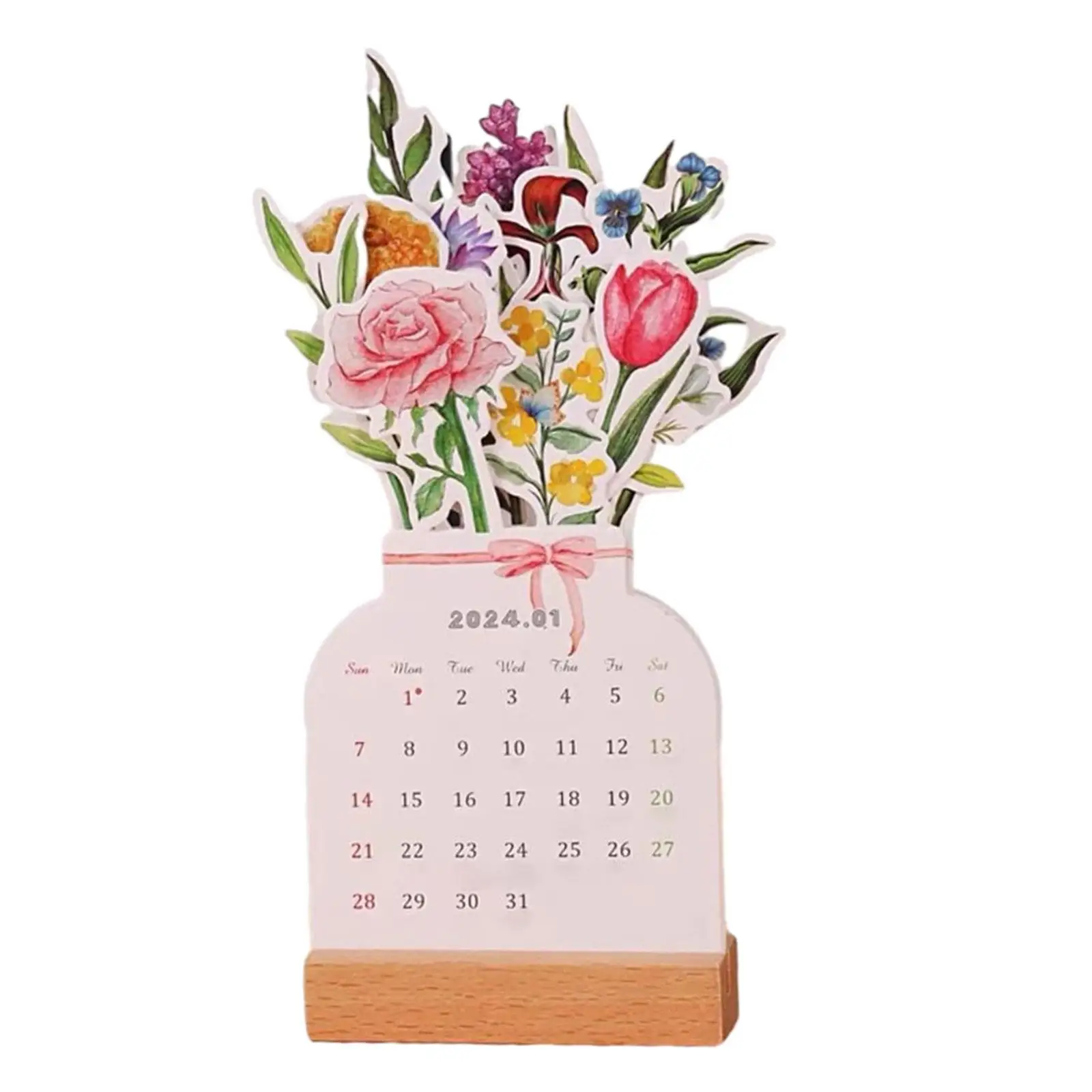 2024 Desk Calendar Vase Shaped Wooden Base Decor Small Monthly Calendar Planner Flower Desktop Calendar for New Year Office