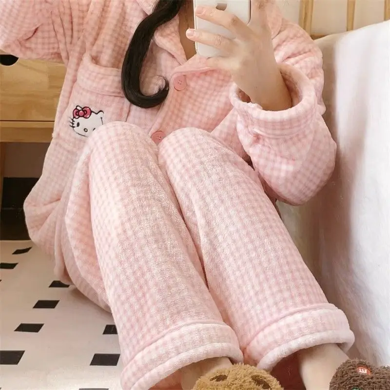 Hello Kitty Pajamas Sanrio Anime Kawaii Cute Cartoon Plush Thickened Nightshirt Set