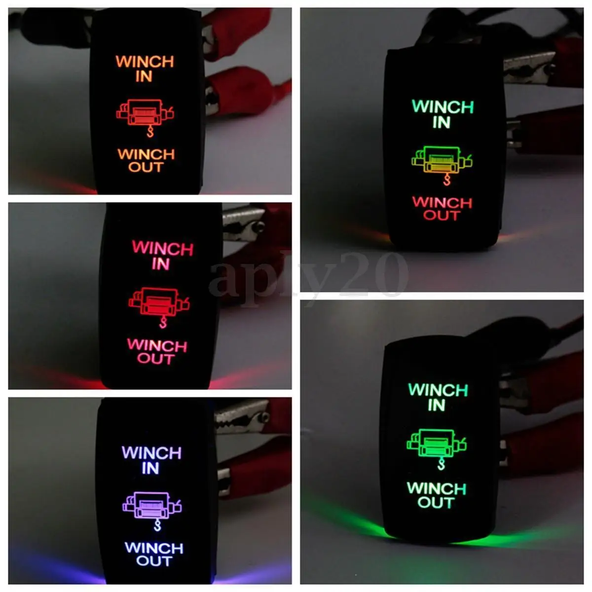 Pair 7Pin Momentary DPDT Rocker Switch Winch In/Out Green and Red LED Light