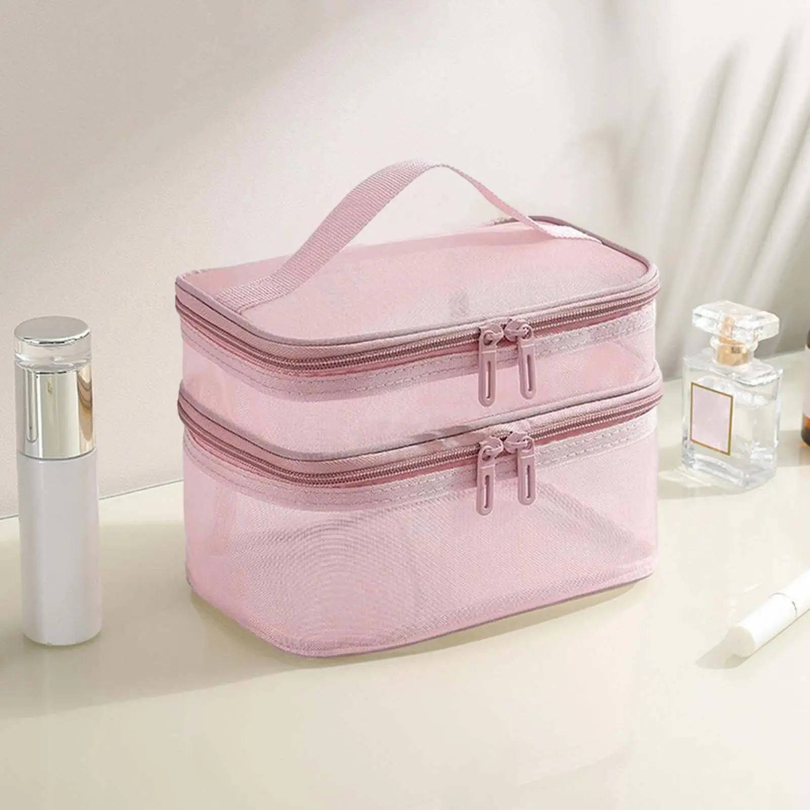 Double Layer Cosmetic Bag with Handle Foldable Toiletry Bag for Full Size Bottles Jewelry Accessories Toiletries Women and Girls