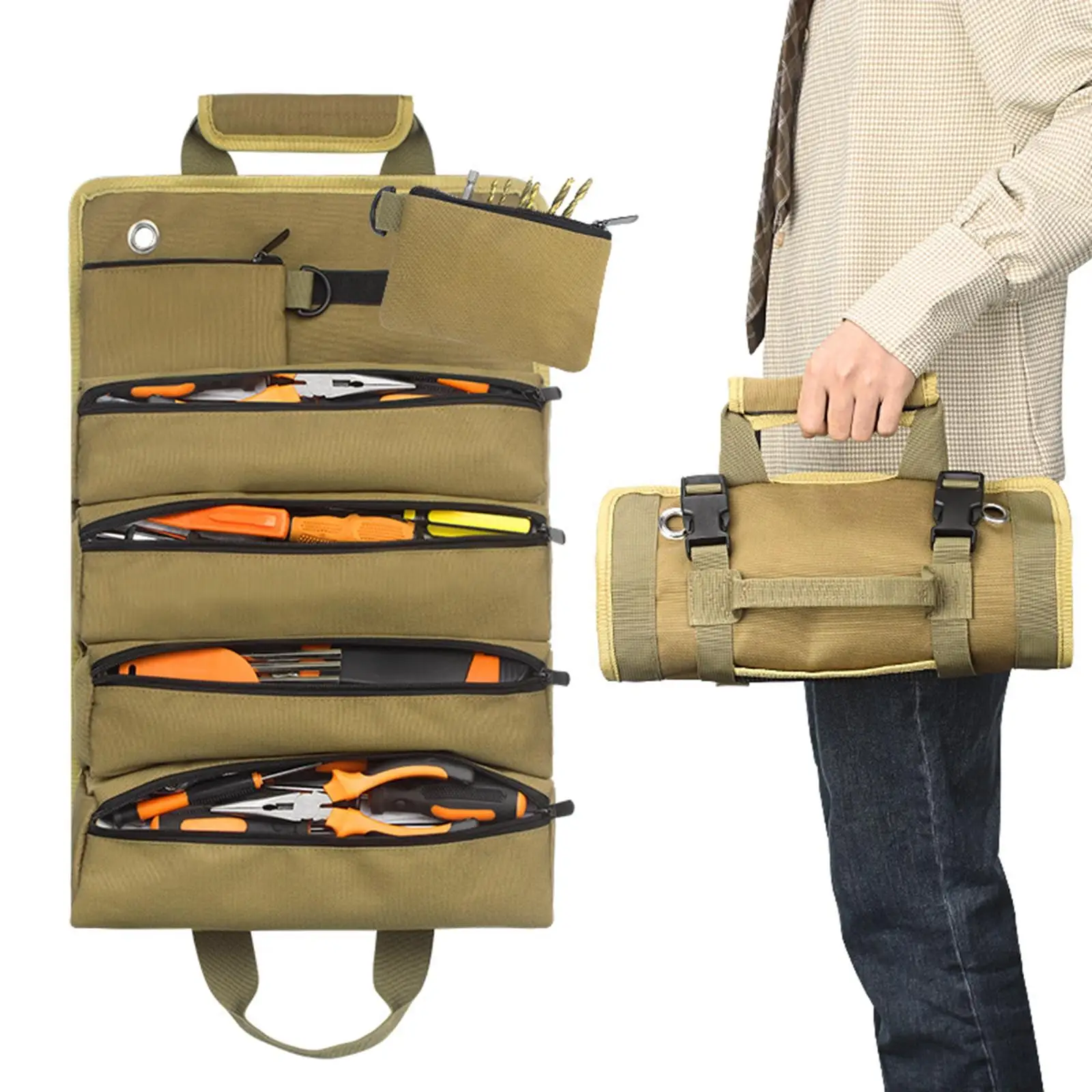 Multifunctional Tool Roll Pouch with Handles Tool Zipper Carrier Tote Multi Pockets Roll up Tool Bag Organizer for Mechanic