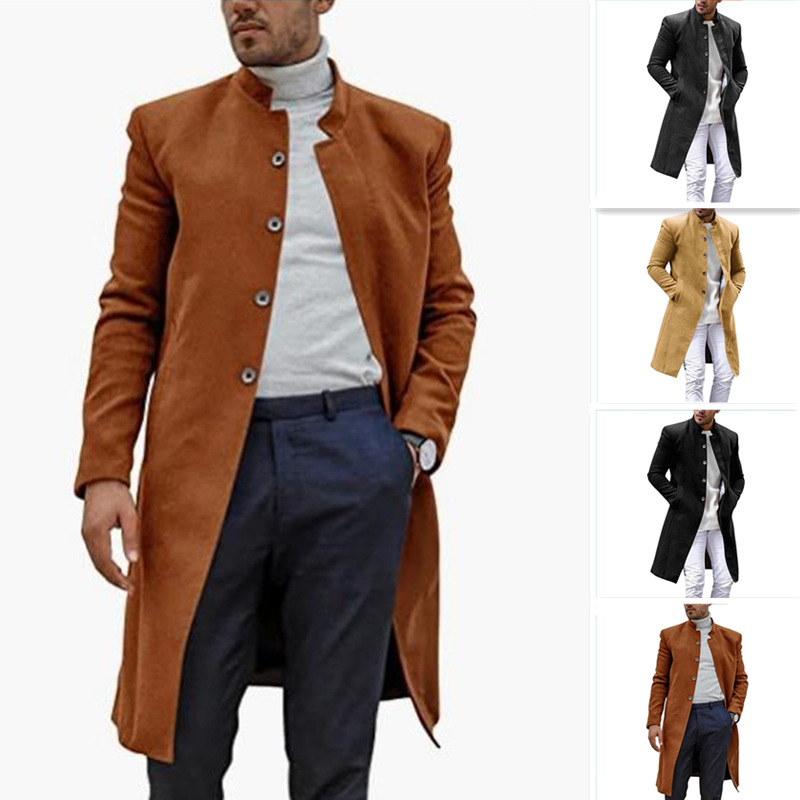 Description Picture 3 of item2023 New Men's Woolen Coat European Version Large Size Male Pea Coat Winter Fashion Stand Collar Single Breasted Trench