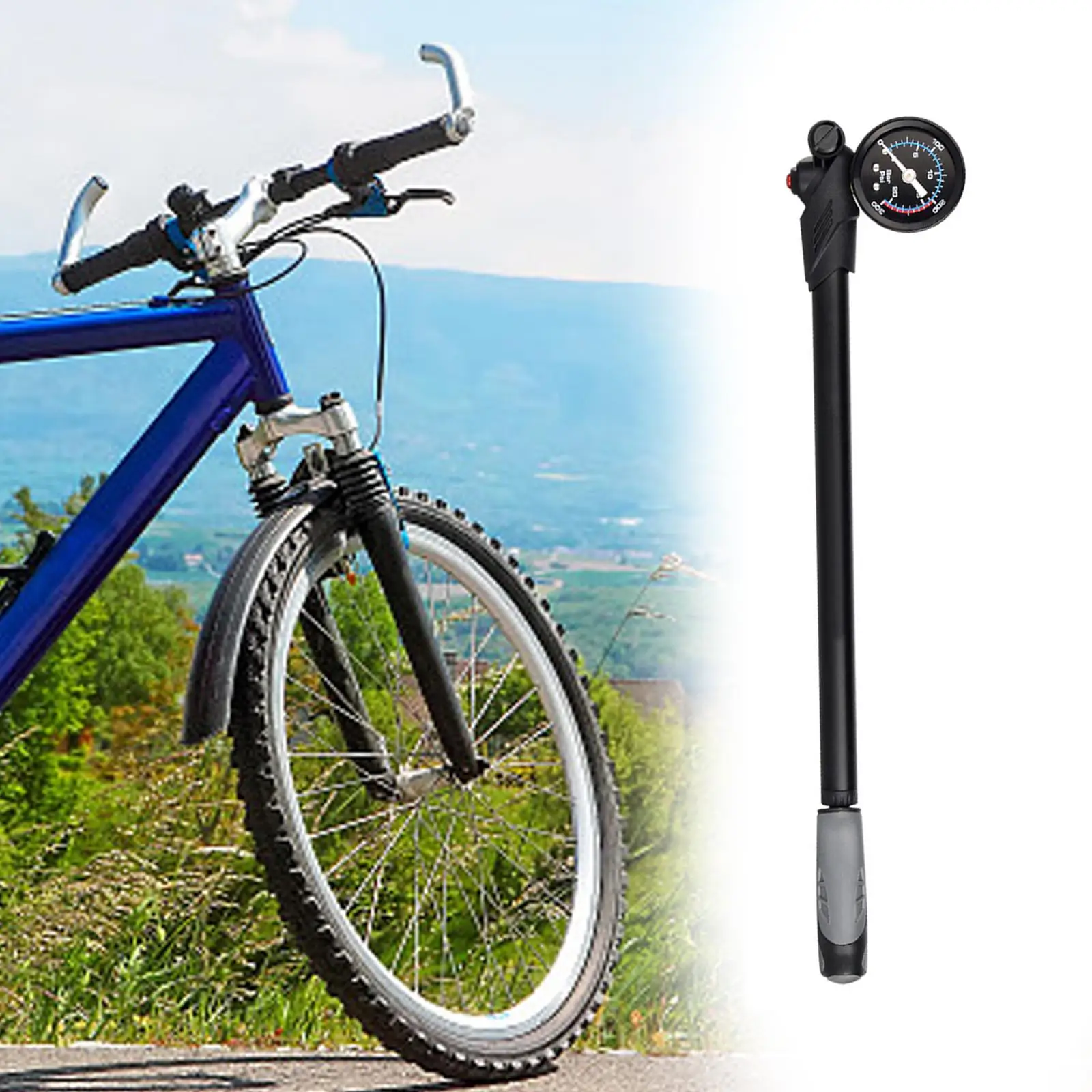 Digital Shock Pump with Meter Lightweight Portable Mini Pump Nonslip 32cm Bike