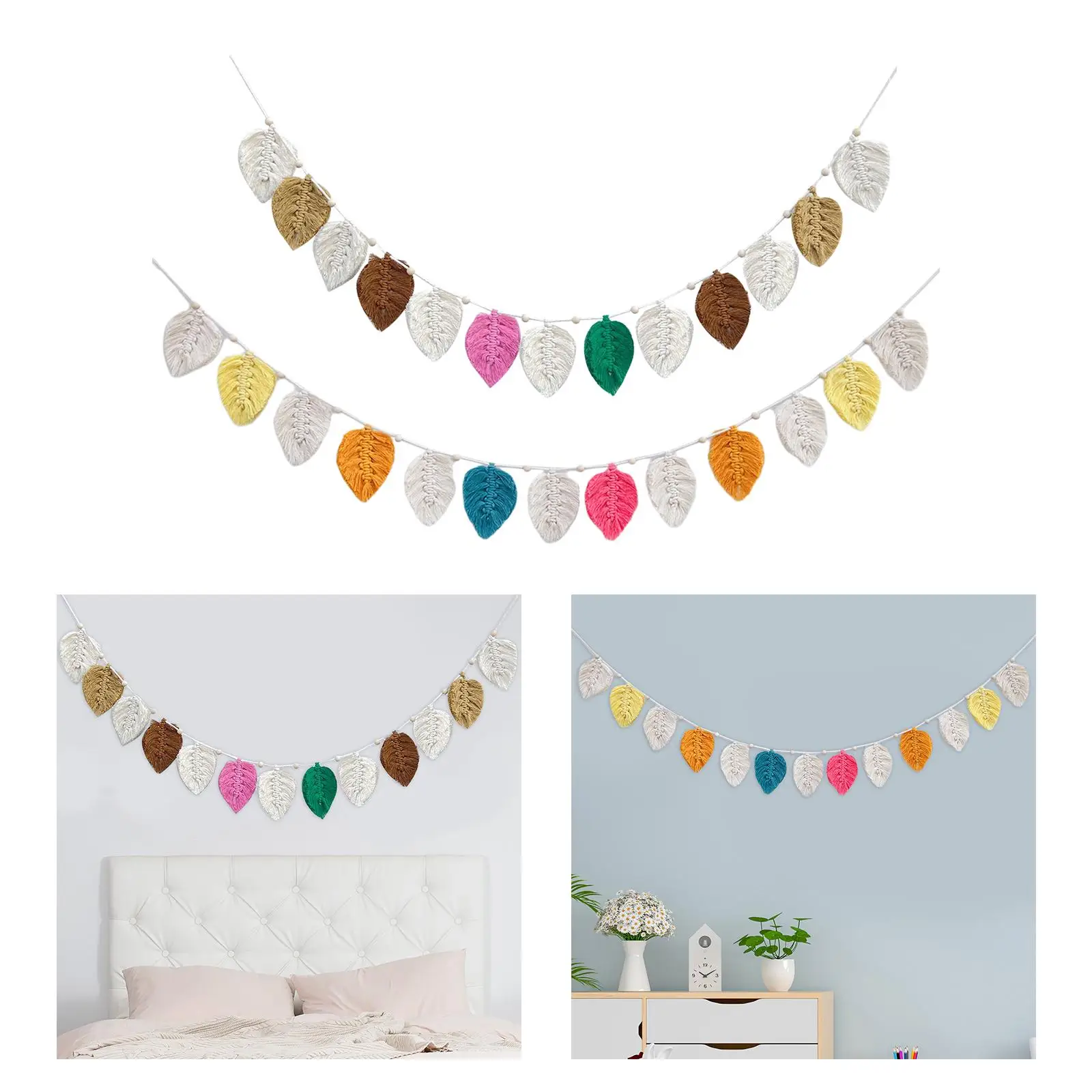 Macrame Wall Hanging Decoration Colorful Leaves Nursery Boho Wall Banner for Classroom Kids Bedroom Party Living Room Art Decor