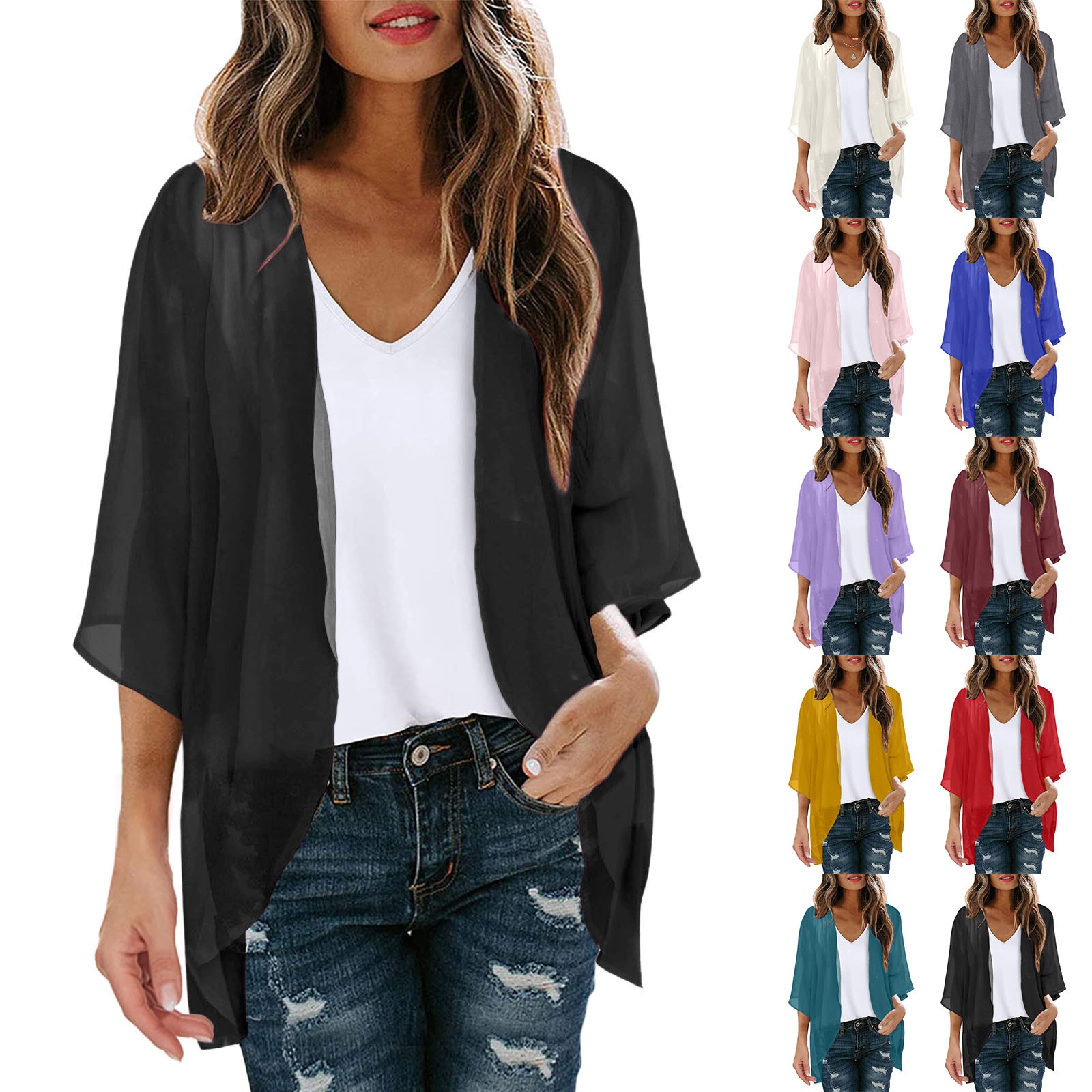 S5b75ab38afec4d7f9b51019a3330c500F Womens Solid Elegant Puff Sleeve Chiffon Blouse Cardigan Loose Cover Up Casual Long Sleeve Tops Summer Plus Size Thin Tops