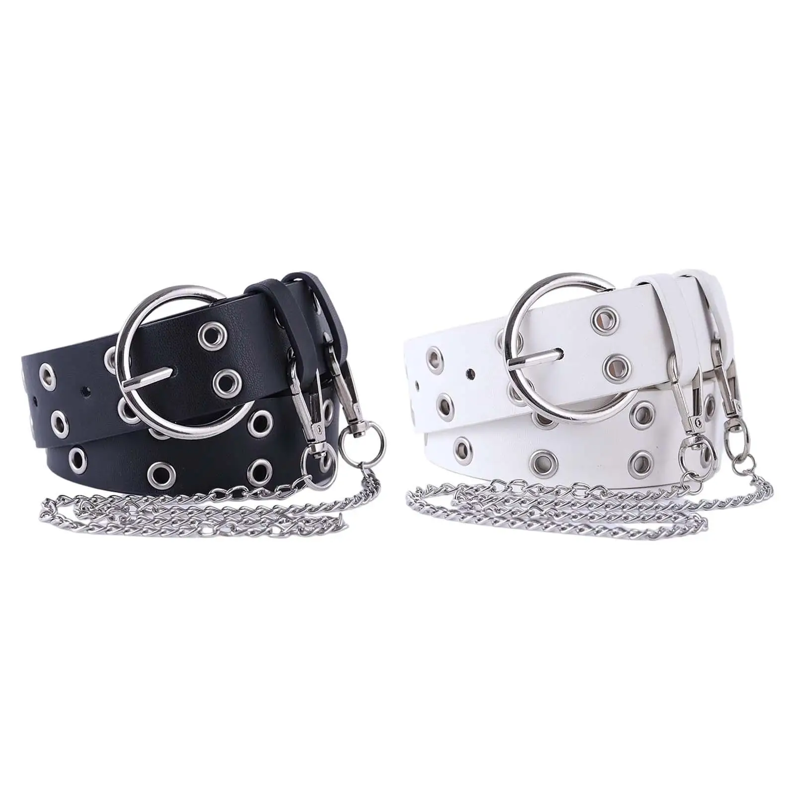 Double Grommet Belt with Chain Waist  Belt PU Leather Punk Waist Belt