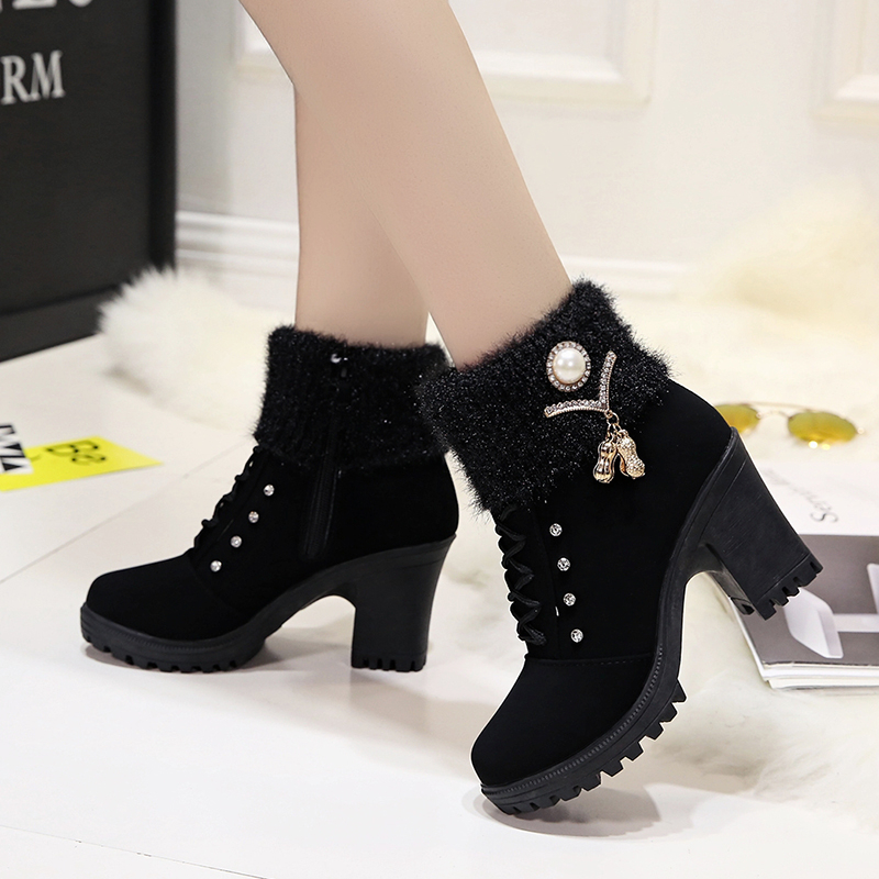 2023 New Women's Boots Winter Warm Fur Boot Thick Heel Short