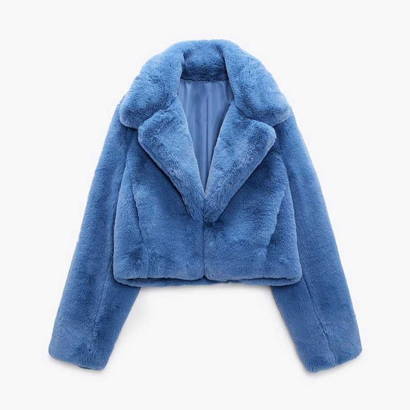 Ins Chic Street Fashion Girls Blue Cropped Plush Fur Coat Women Winter New Trend Faux Rabbit Fur Jacket Coats Short Outwear