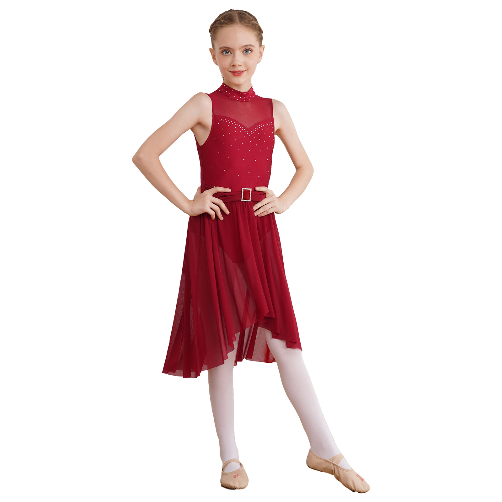 Kinder Mädchen Lyrical Modern Dance Kleid Ärmellos Hohl Strass Ballett Gymnastik Trikot Kleider Eiskunstlauf Dancewear – Detail 8