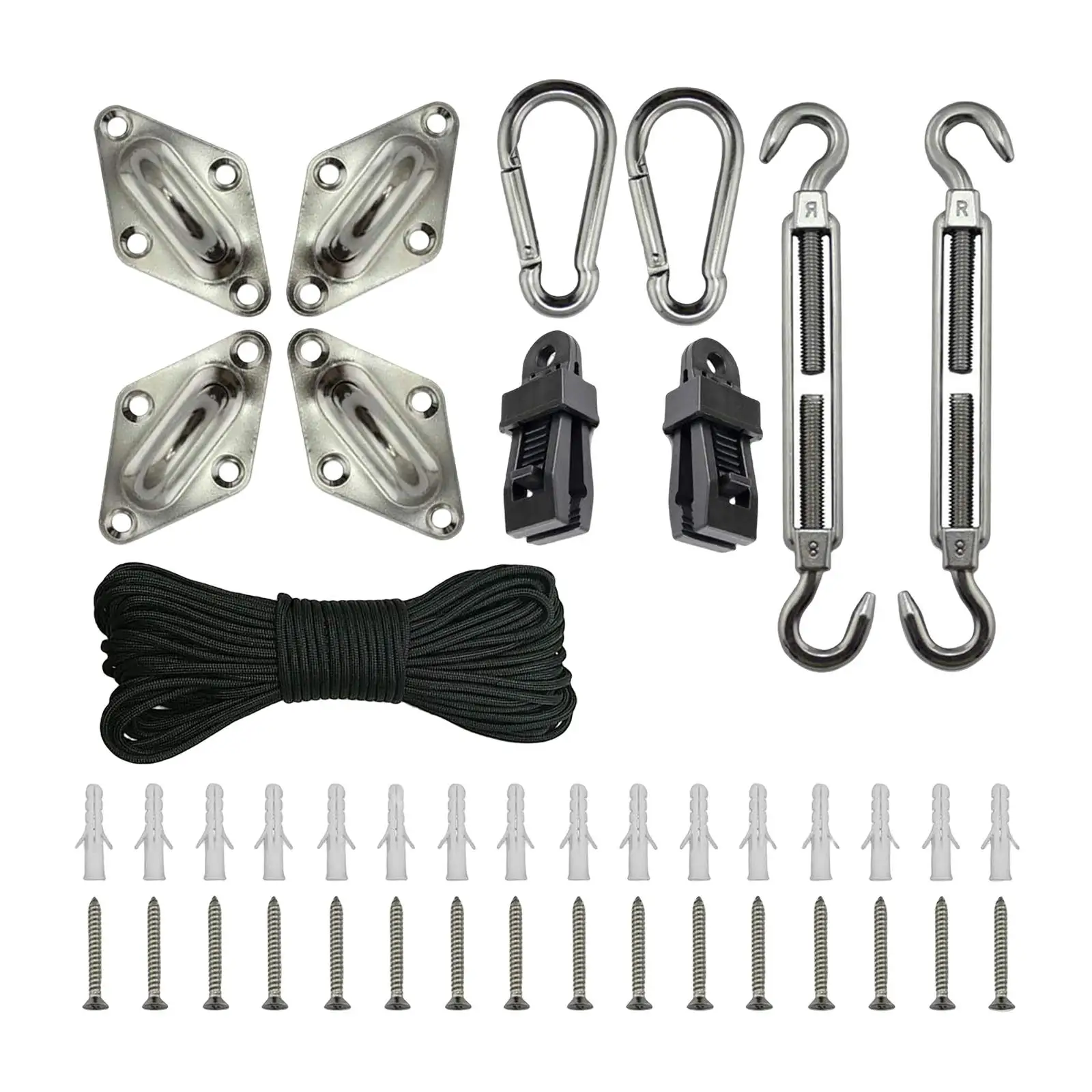 shade sail Hardware Kit 43 Pieces for Garden, Trees, Wall, Porch Metal Material Durable Sturdy Outdoor with 10M Rope