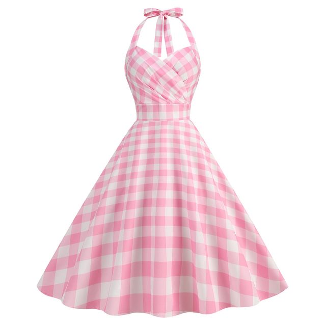 Vintage Polka Dot Halter Swing Dress For Women – Retro 1950s Rockabilly Cocktail Dress In Light Pink (Size 4XL) - View #8