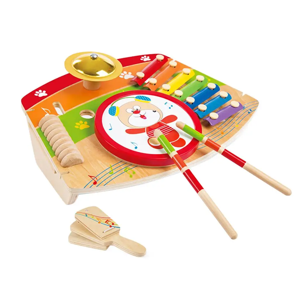  Wooden Musical Instrument Drum Piano Gong Castanet Set toy for 
