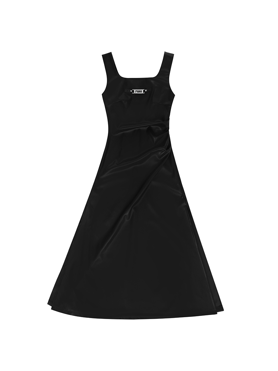 Vestido sem mangas de emenda PU feminino,