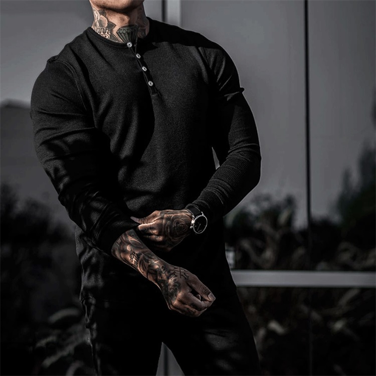 Männer Langarm Shirts Pullover Hemd Henry Kragen Runde Saum Einfarbig Herbst Fitness Workout Lässige Männer Kleidung – Detail 2