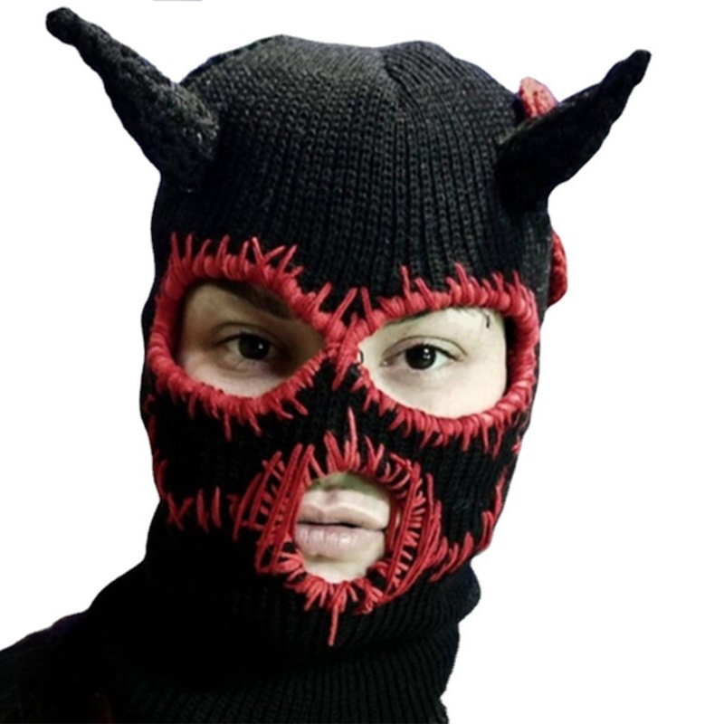 Frauen Gestrickte Kappen mit Teufel Hörner Halloween Horror Beanie Ski Maske für Männer – Detail 7