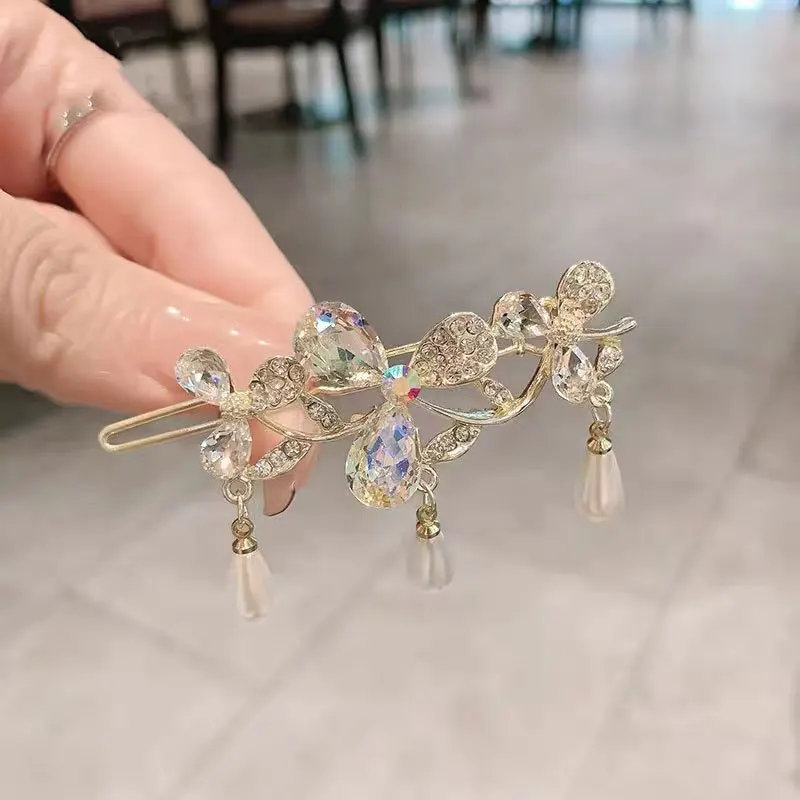 Ladies Flower Crystal Tassel Clip Sweet Style Girl Hairpin Hair Accessories vintage hair clips