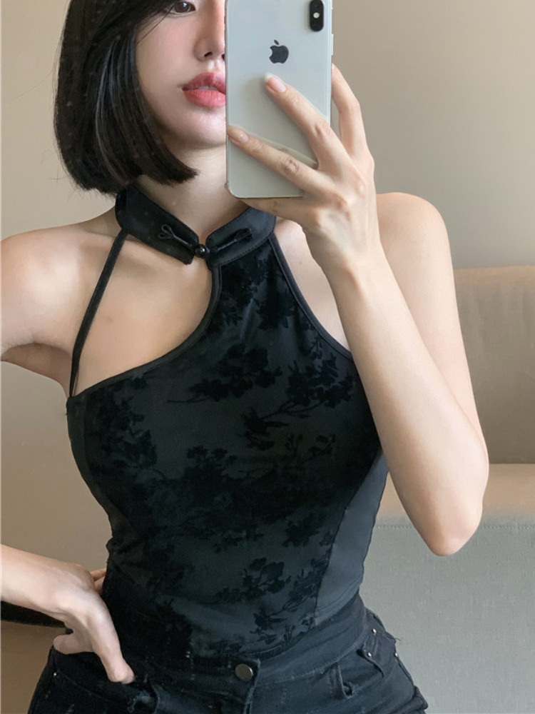 New Chinese Style Irregular Camis Women Autumn Elegant Temper Ink Print Sexy Halter Backless Fashion Party Romantic Crop Tops