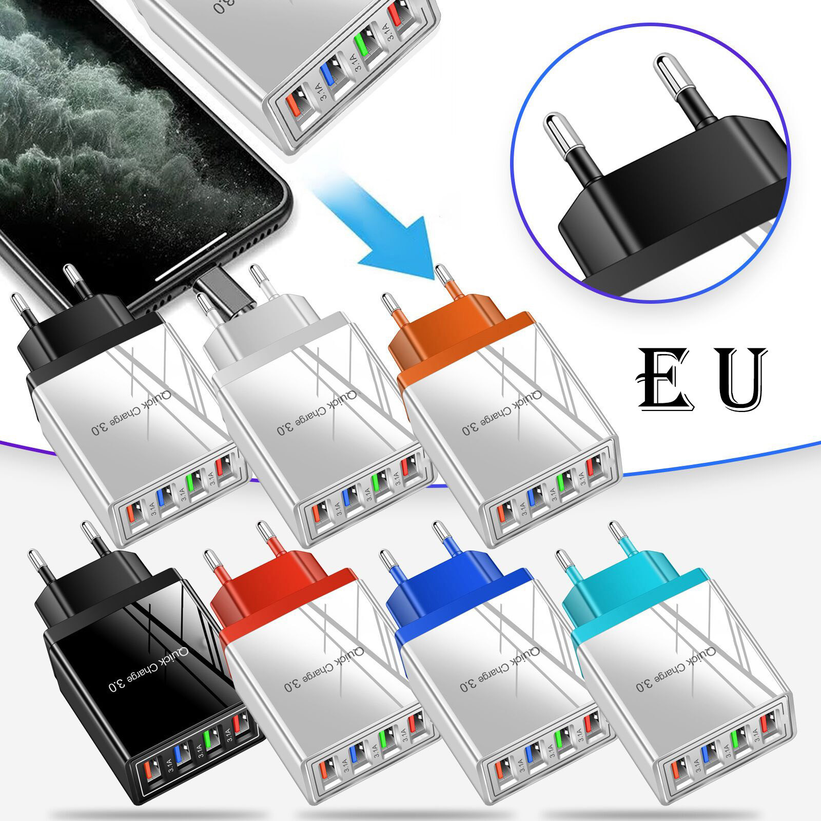 Цветное зарядное устройство с 4 Usb-портами 3a, плоское зарядное устройство  для путешествий, зарядное устройство для Huawei, Xiaomi, Meizu, Ipad, Oppo  | AliExpress