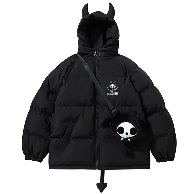 Devil Horns Hooded Padded Parka Jackets with Doll for Women
