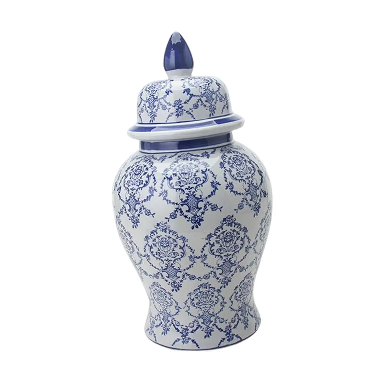 Blue and White Porcelain Ginger Jar Ancient Chinese Temple Jar with Lid Floral Arrangement Desktop Tea Canister