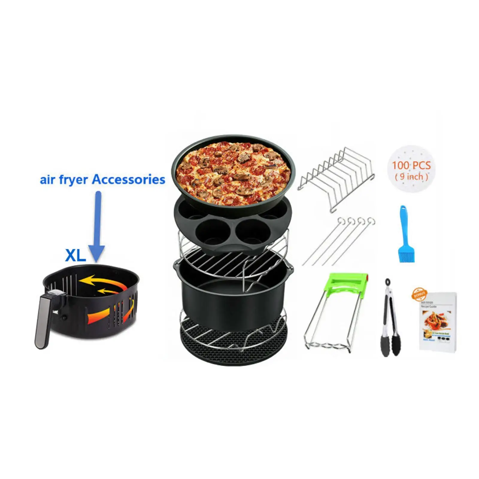 12Pcs Air Fryer Accessories Set Fit Most Brands Pizza Pan for 5.3-6.8Qt BBQ