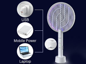 2 in 1 Mosquito swatter Electric Fly Bug Killer Lamp Zapper with 1200mAh Battery USB charge with Safety Mesh for Indoor,Outdoor