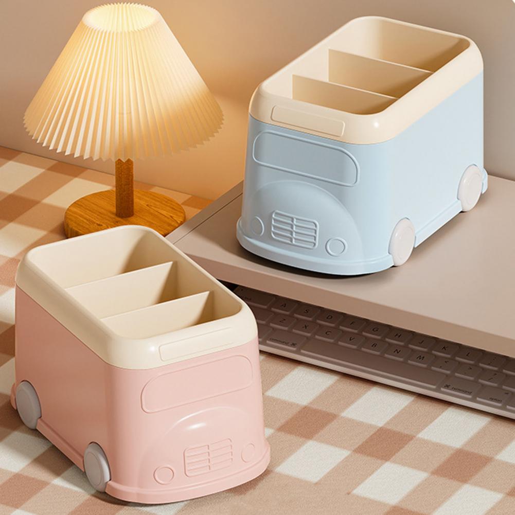 Desktop Pen Holder 3 Compartments Cute Bus Shape Multifunctional Stationery Pencil Organizer Container Storage Box