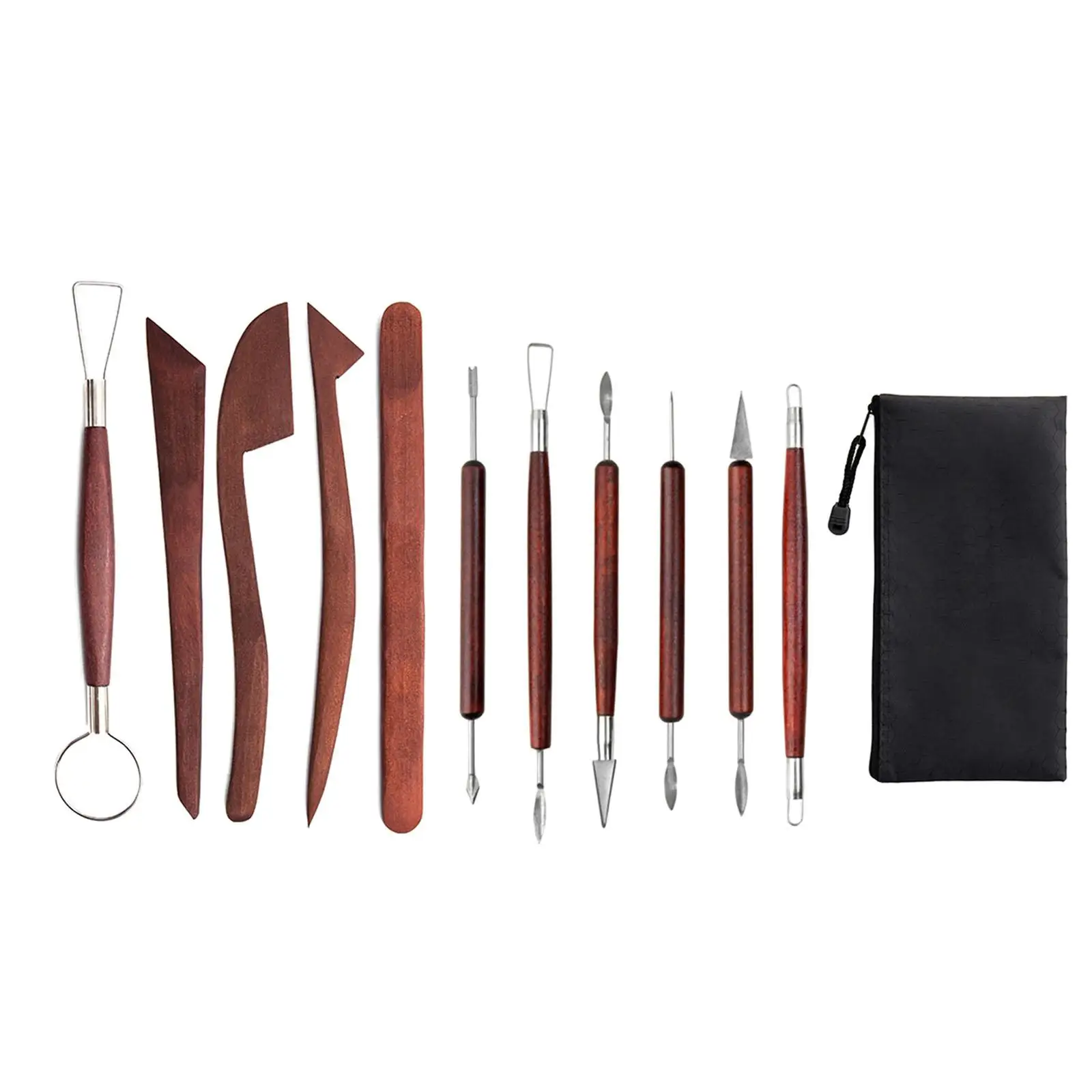 12x Clay Sculpting Tools Smooth Wooden Handle Double Ended Modeling Carrying Bag Pottery Carving Tool Set for Schools and Home