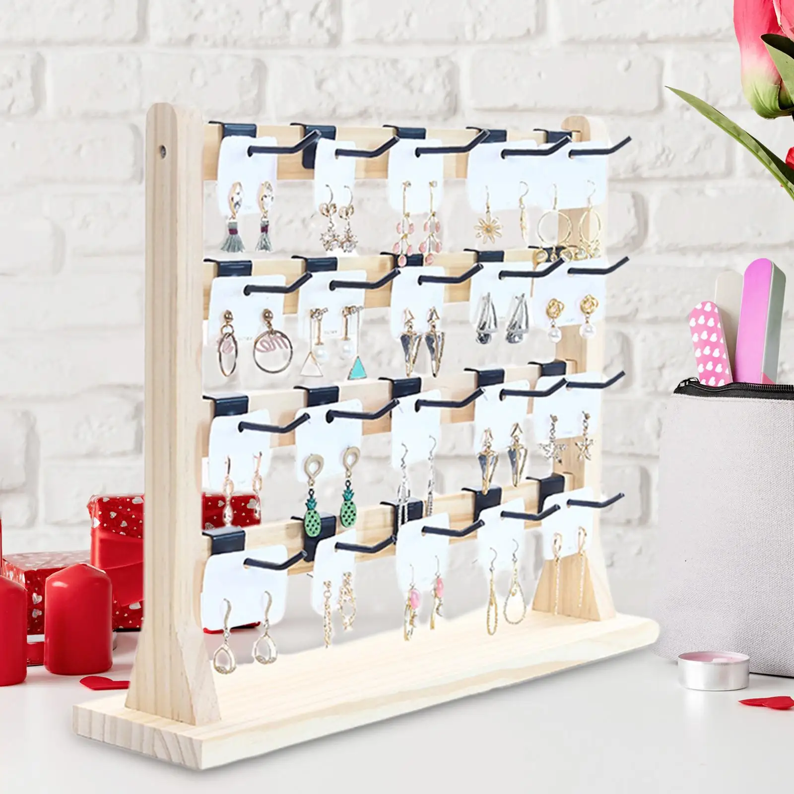 Wooden Earrings Display Stand with Hooks Showcase Multipurpose for Bedroom