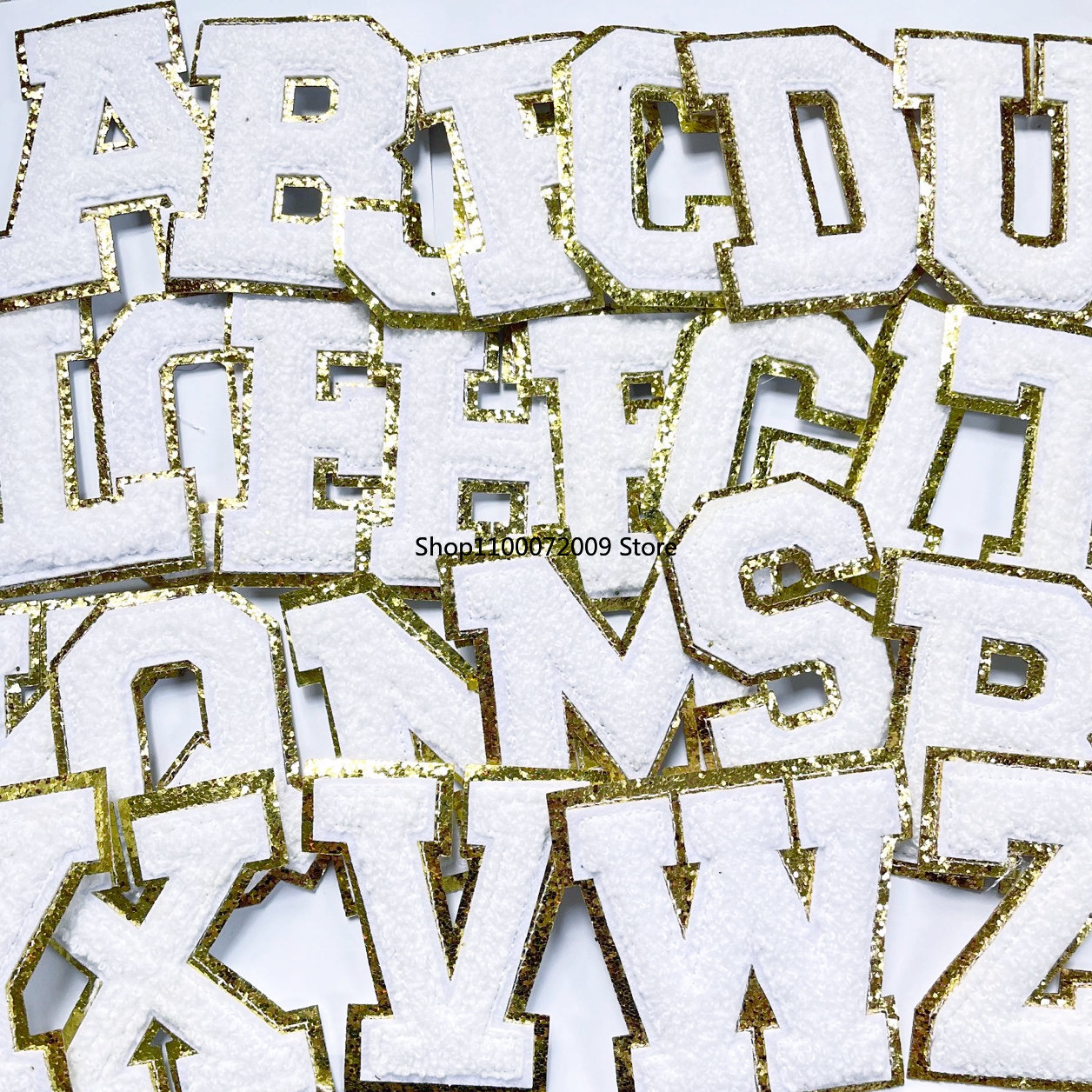 Description Picture 6 of item5.5CM White Chenille Letter Patches Iron on Towel Embroidered Felt Alphabet Glitter Sequins Heat Adhesive Applique DIY Accessory