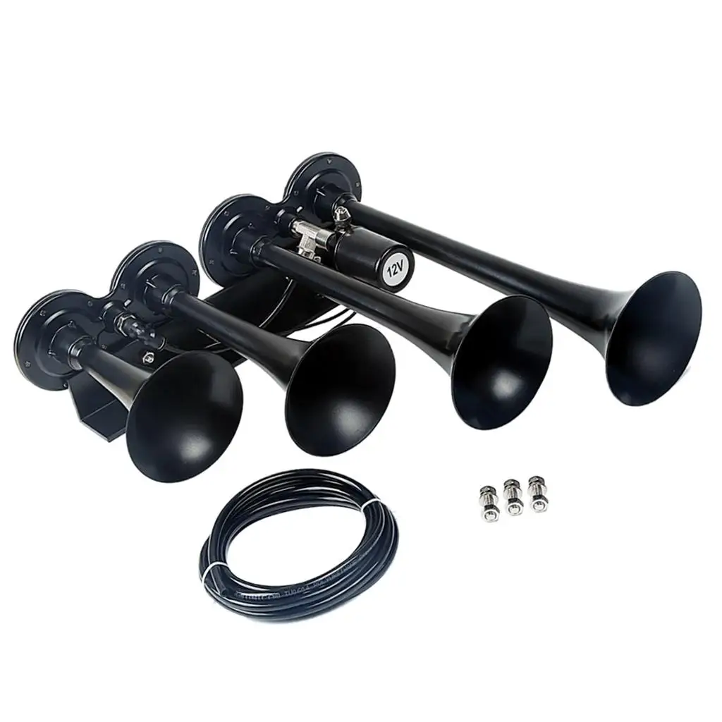 Loud 150DB 4/Four Trumpet Train Air Horn for Car Vehicle Truck Motorcycle Lorry Boat SUV Train - Black AS097AB
