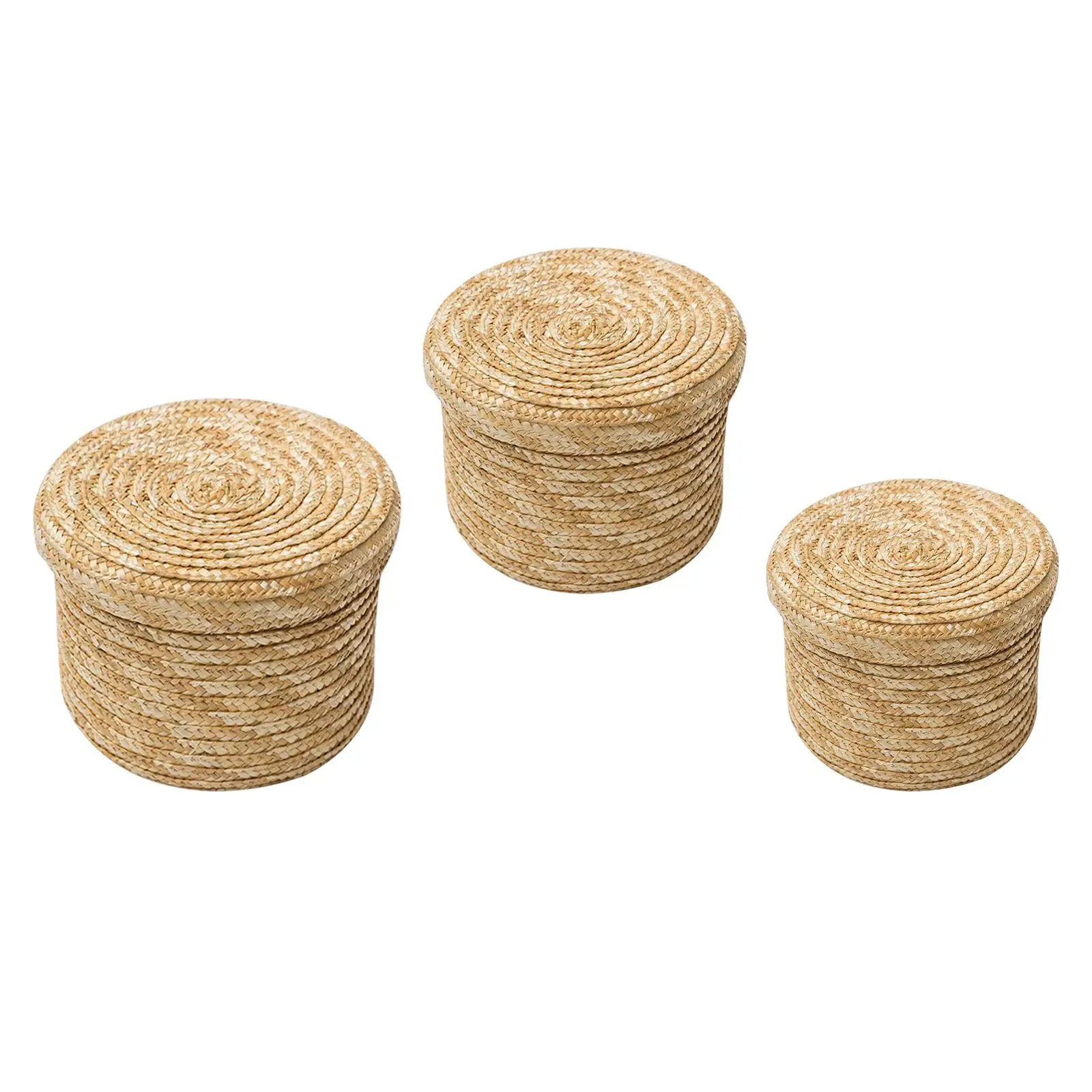 Round Straw Woven Storage Basket Rattan Flower Basket Desktop Storage Box with Lid Home Decor for Living Room Closet Bedroom