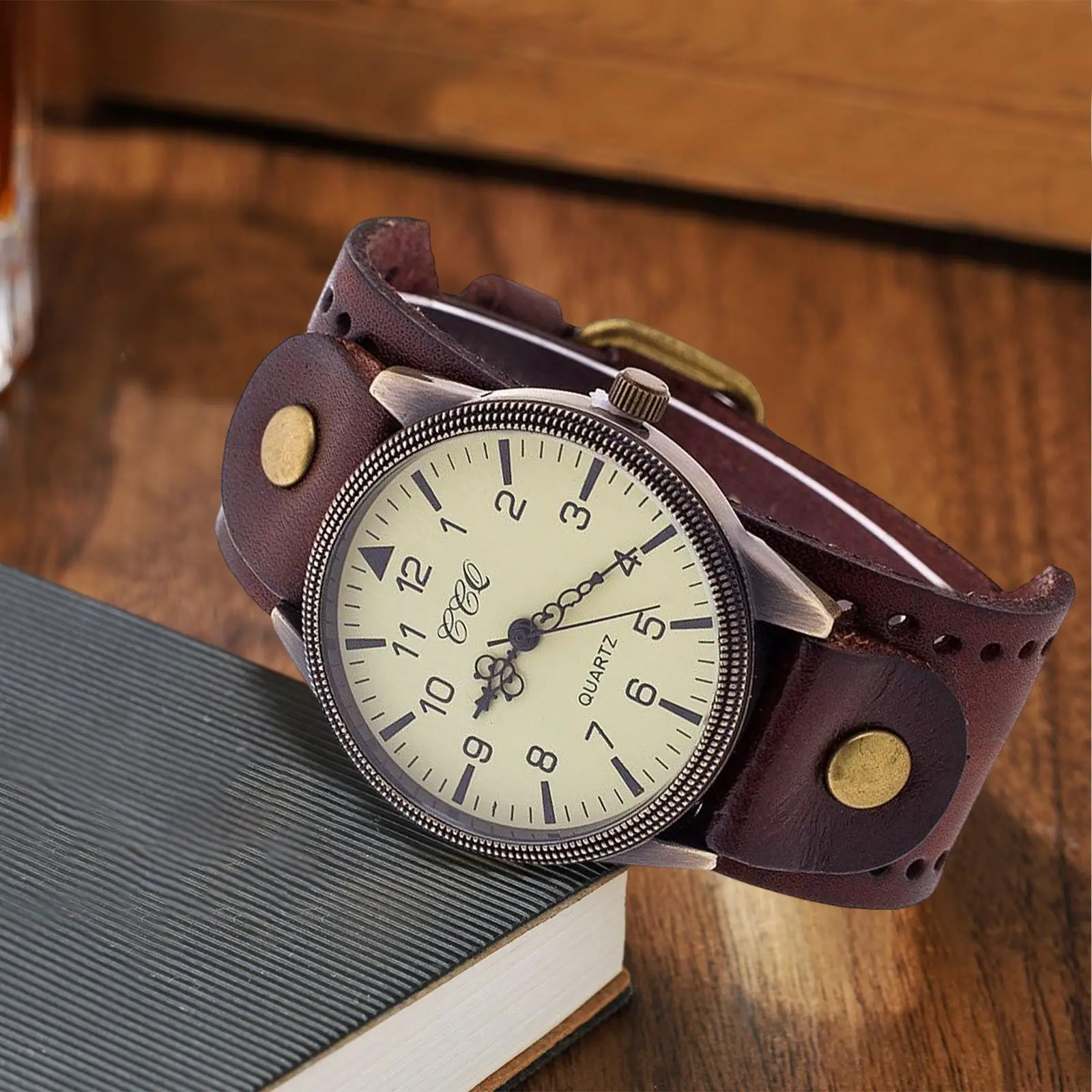 Antique Bracelet Watch PU Leather Wide Leather Strap Replacement Strap Cuff Hybrid Design Wristwatch for Punk Vintage Bracelet