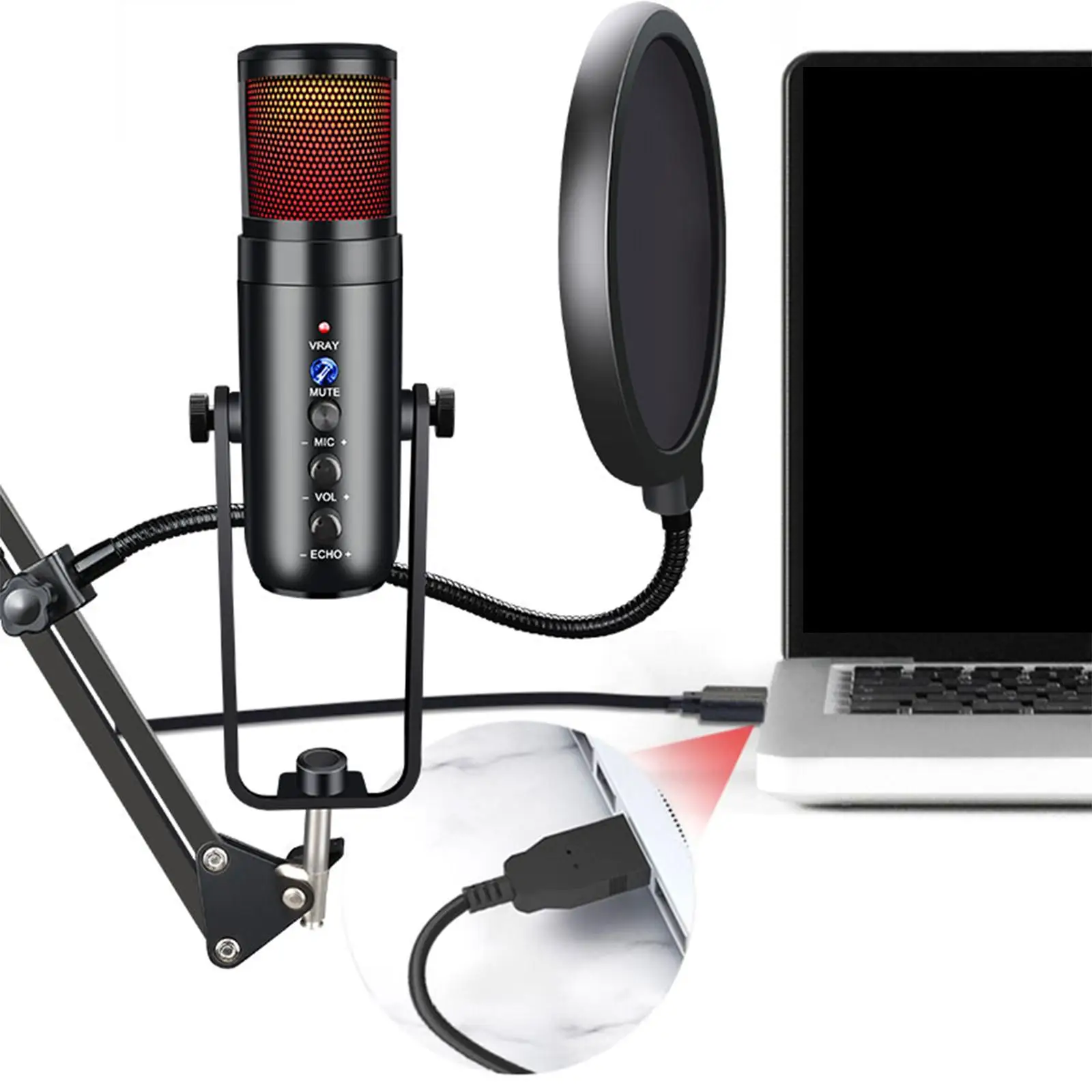 USB Computer Gaming Desk Microphone Condenser Microphone with Stand Black Accessory Durable Studio Work Mic Plug and Play