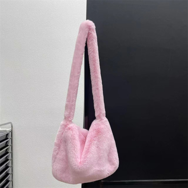 2000s Y2k Hot Girls Candy Color Rose Pink Plush Crossbody Shoulder Bag Women Winter Harajuku Street Fashion Faux Rabbit Fur Bags