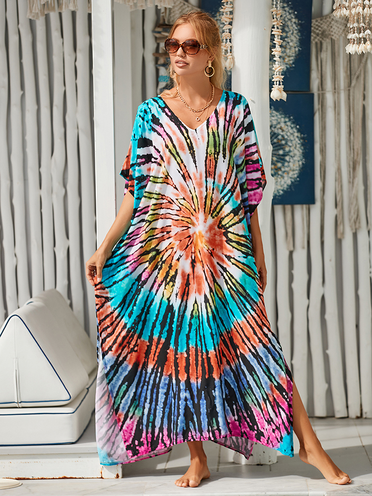 maiô cobrir vestido boêmio imprimir colorido solto rayon robe de plage kaftan pareos vestido longo biquíni cobrir