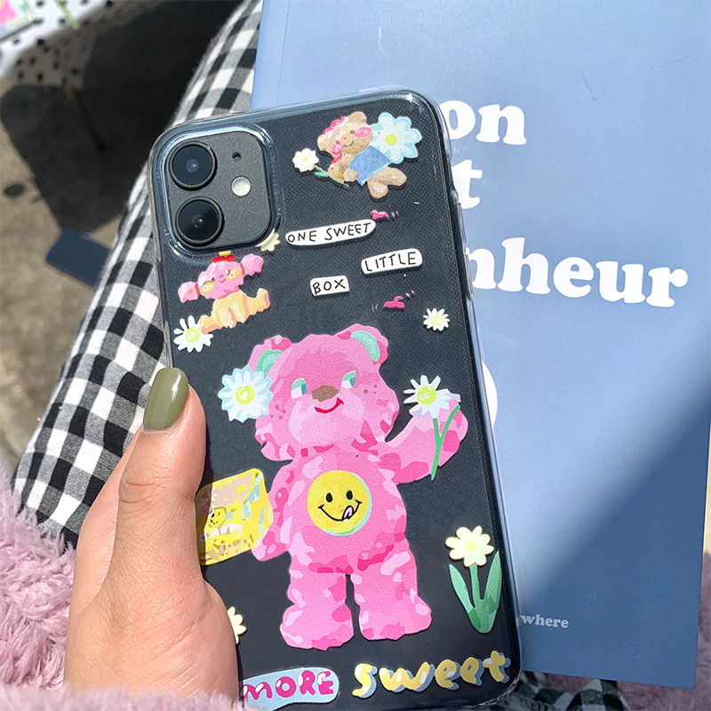 Cute oil painting flower bear Phone Case For iPhone 13 11 12 Pro Max 7 8 Plus 12 mini X XR XS Max Cartoon transparent Soft Cover iphone 13 mini flip case