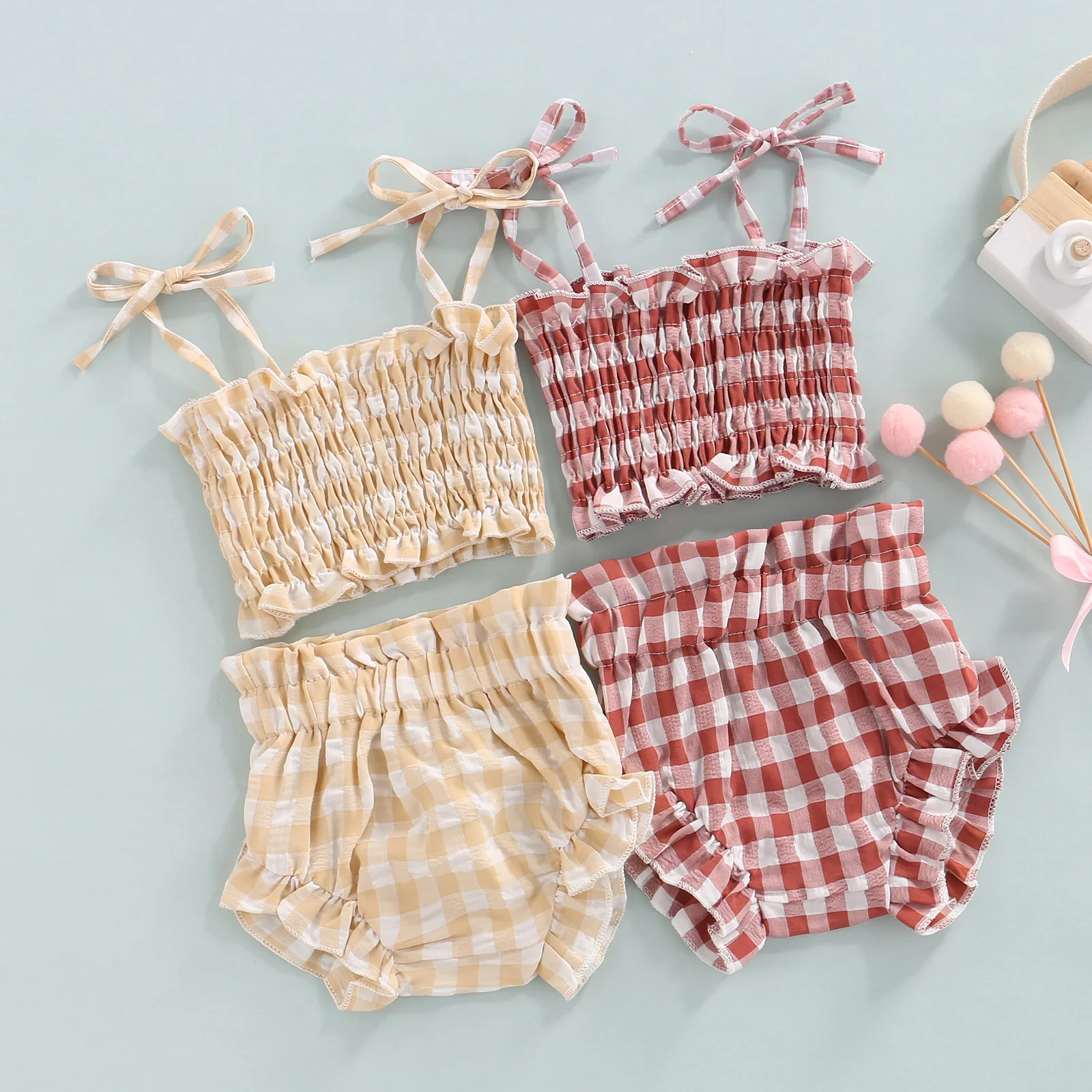 small baby clothing set	 Newborn Infant Baby Girls Two-Piece Outfits, Plaid Pattern Tie-Up Spaghetti Strap Pleated Crop Tops + Ruffled Short Pants best Baby Clothing Set