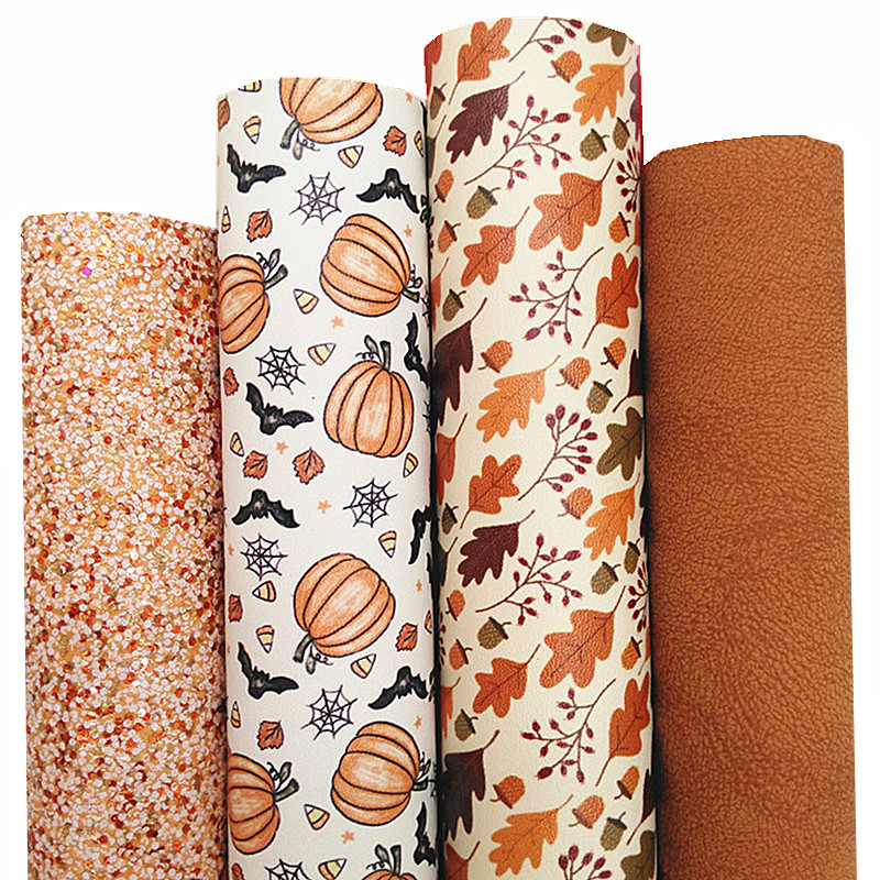 Description Picture 2 of itemFall Faux Leather Sheets Pumpkins Leaves printed Felt Backing Synthetic Leather Suede Faux Fabric For Bow DIY 21x29CM Q1475