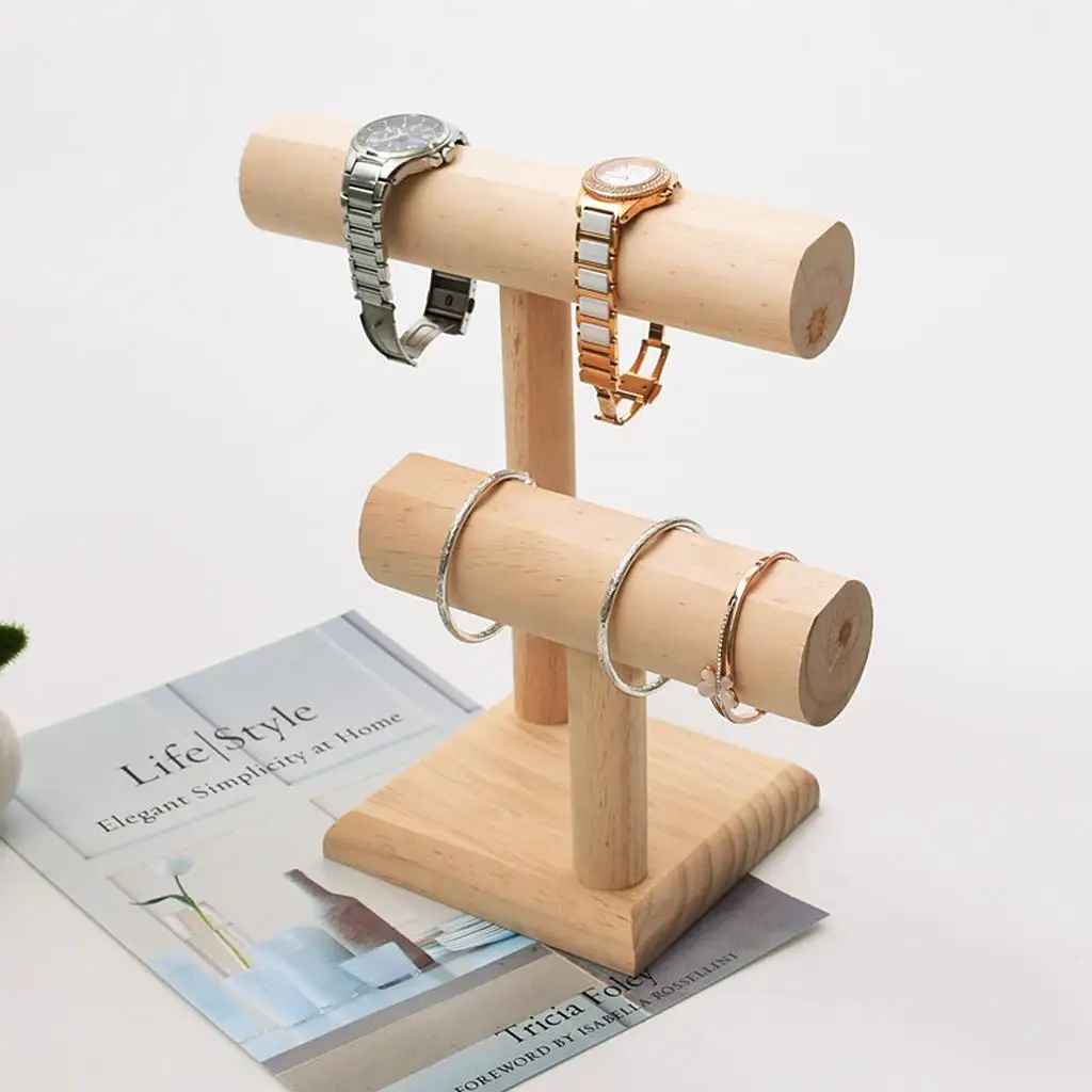 Natural Wood Jewelry Organizer Display  2 Tier, Necklace Bracelet and Watch Holder Display Stand, Wooden  Table Top Jewelry 