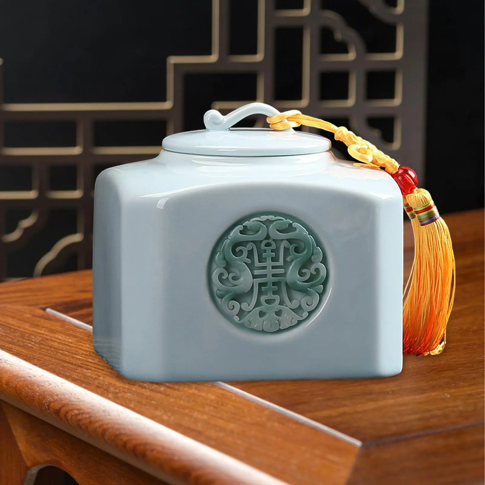 Ceramic Tea Container Porcelain Tea Canister Traditional Food Storage Jar Loose Tea Tin Tassel Pendant for Office Restaurant