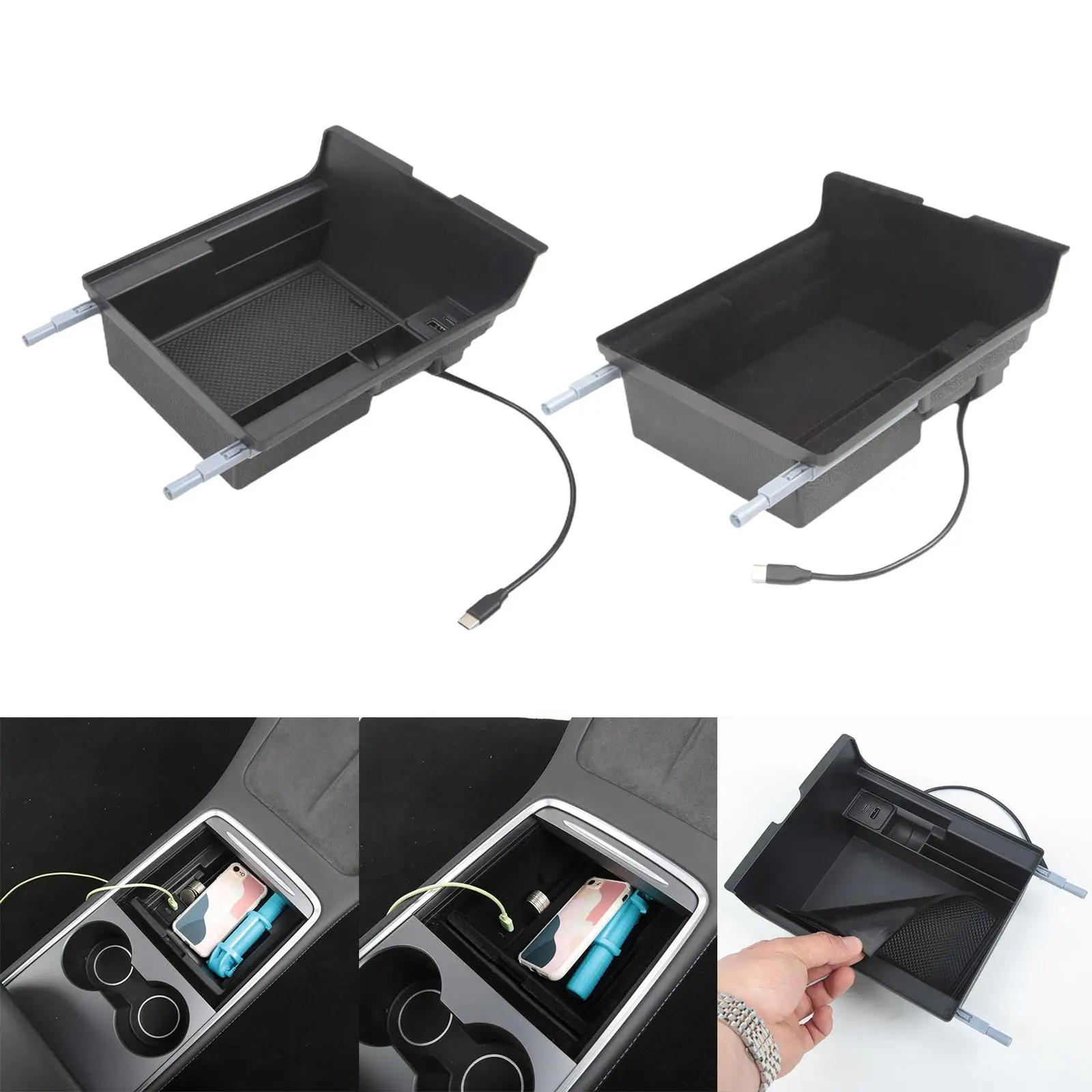 Center Console Organizer Tray Tidy Collection with USB Extension Ports Replacement Armrest Storage Box Fit for Tesla Model 3/Y